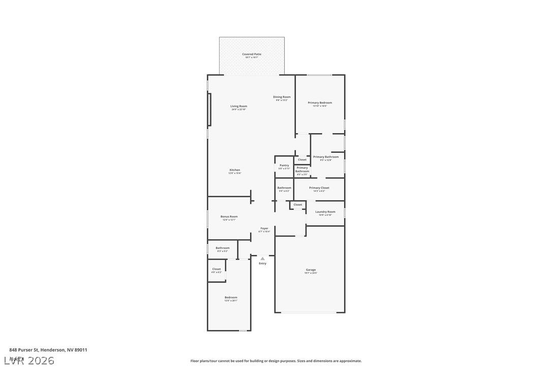 848 Purser Street, Henderson, NV 89011 A detailed layout illustrates the functional flow and spacious design of this single-level floor plan.