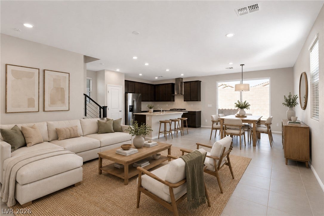 Virtual staging. An open-concept living space with a modern kitchen and dining area, offering seamless flow and ample natural light