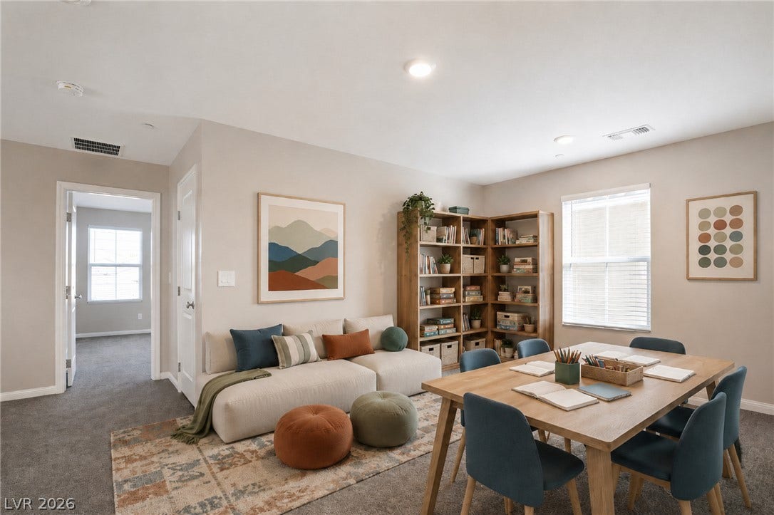 Virtual staging. A versatile loft with abundant natural light and a small walk-in closet for storage