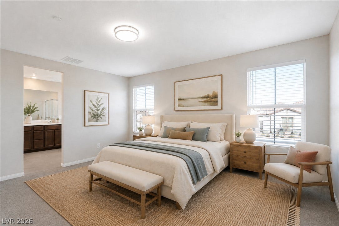 Virtual staging. A well-lit bedroom suite with soft neutral tones creates a serene retreat