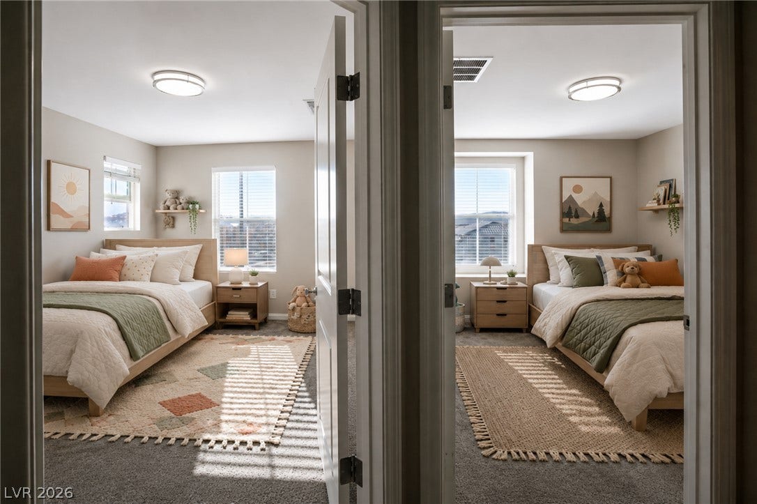 Virtual staging. Matching bedrooms offer restful retreats, each appointed with modern comforts and pleasant natural light