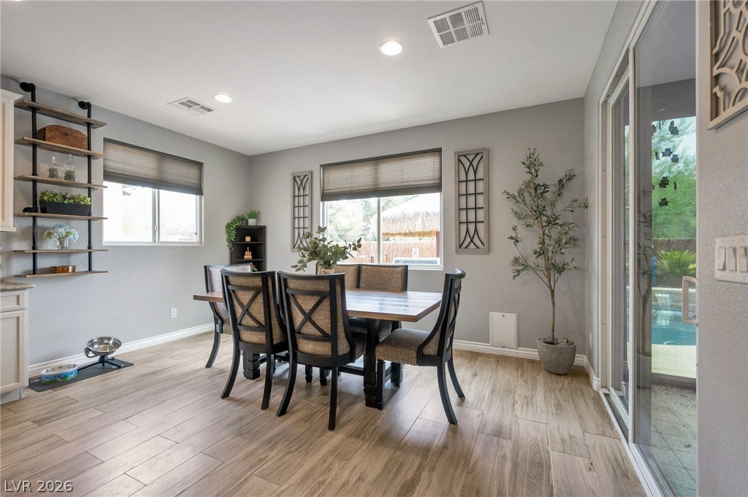 5652 Portage Lake Court, Las Vegas, NV 89130 This dining area offers abundant natural light and seamless access to outdoor living through its sliding glass doors.