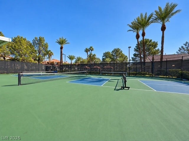 Lush palm trees frame the well-maintained outdoor courts under a clear blue sky.