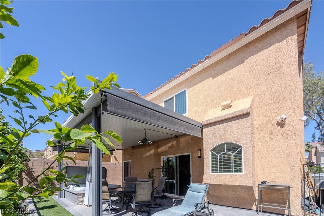 6007 Sonoma Station Avenue, Las Vegas, NV 89139 An inviting backyard patio features a sturdy covered structure and classic stucco walls.