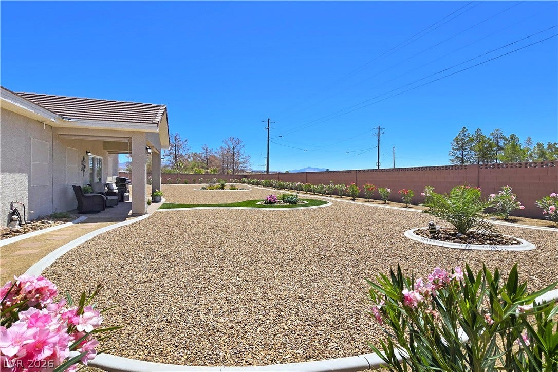 5471 Lincolnwood Court, Pahrump, NV 89061 A spacious gravel yard sits bordered by a solid privacy wall under clear blue skies.