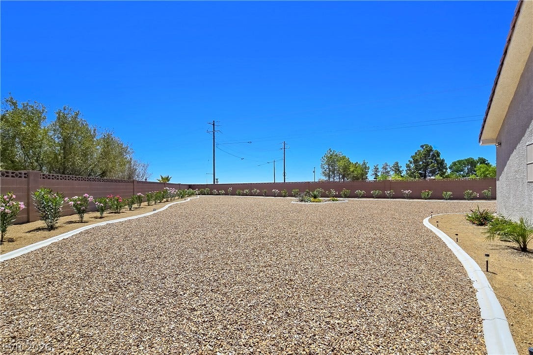 5471 Lincolnwood Court, Pahrump, NV 89061 A spacious gravel yard is fully enclosed by a privacy wall under clear blue skies.