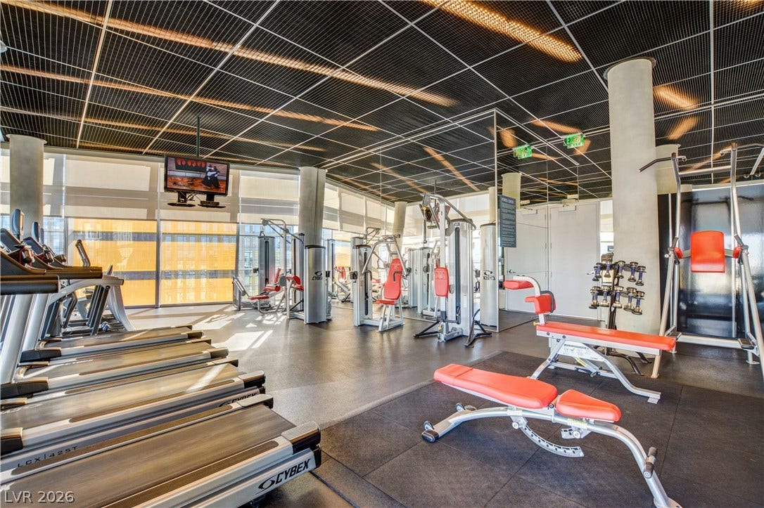 3722 Las Vegas Boulevard, #303, Las Vegas, NV 89158 Floor-to-ceiling windows and exposed structural columns define this modern fitness center.