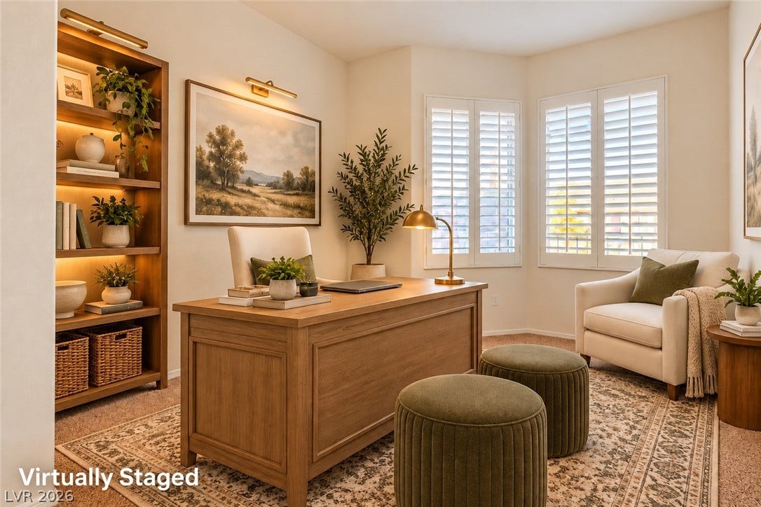 6729 Quarterhorse Lane, Las Vegas, NV 89148 Custom built-in shelving and plantation shutters highlight this quiet workspace. *Virtually Staged*
