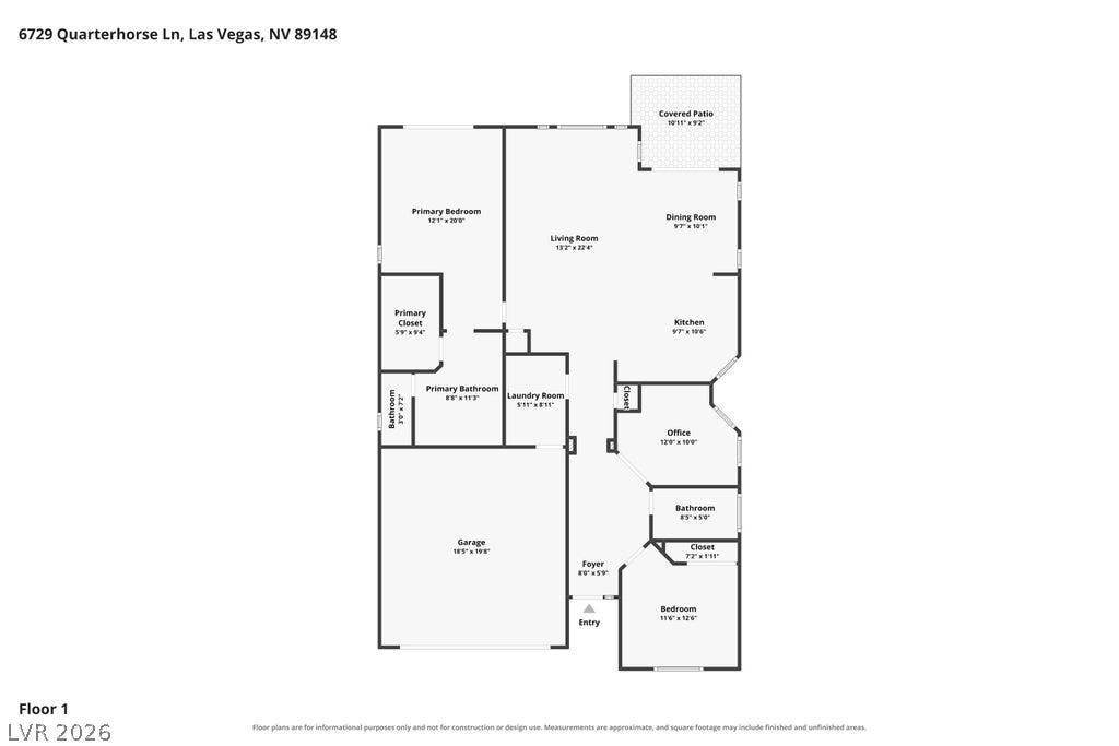 6729 Quarterhorse Lane, Las Vegas, NV 89148 Thoughtfully designed single-story floor plan featuring an open living room, dining area and kitchen, private primary suite with walk-in closet and bath, secondary bedroom, office/flex room, full guest bath, dedicated laundry room, attached two-car garage, and covered patio.