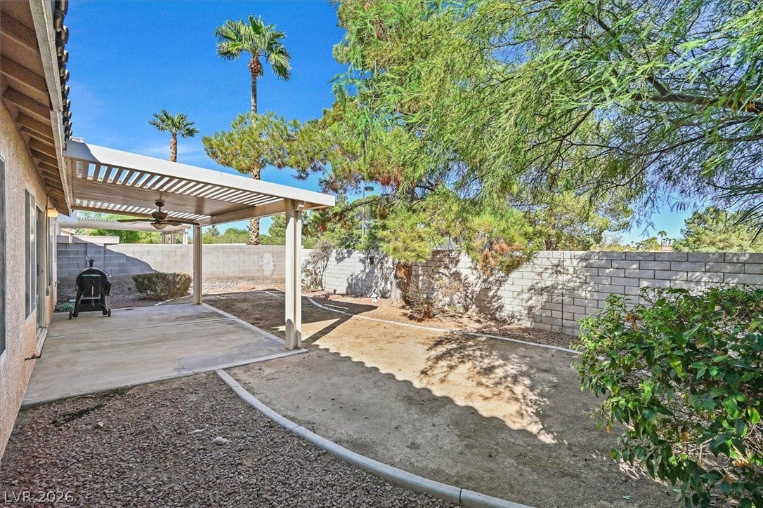 8830 Haviland Road, Las Vegas, NV 89123 A spacious backyard features a covered concrete patio bordered by a low-maintenance gravel landscape.