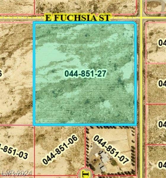 9800 S Oakridge Avenue, Pahrump, NV 89048 An aerial map highlights the boundaries of this vacant lot along East Fuchsia Street.