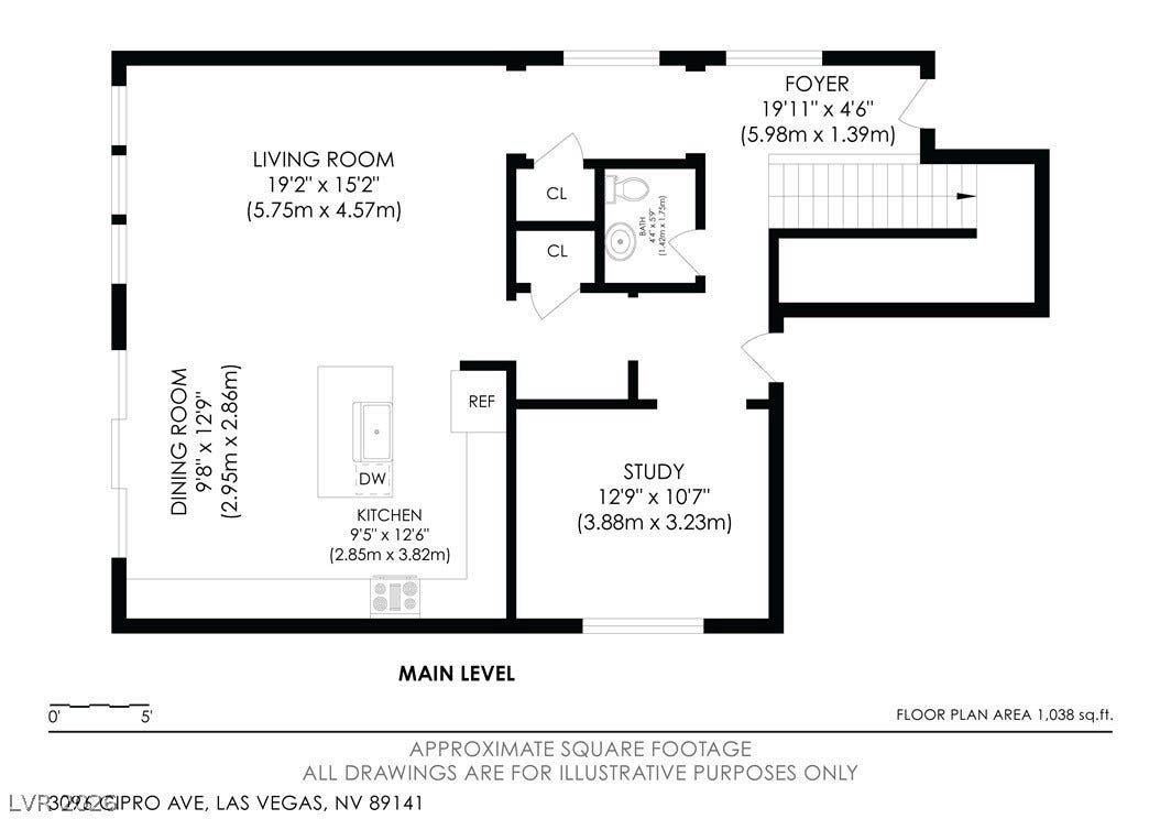 An organized main level floor plan details the flow of the living spaces.