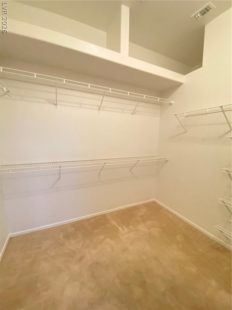 Ample wire shelving lines this functional closet space featuring wall-to-wall carpeting.