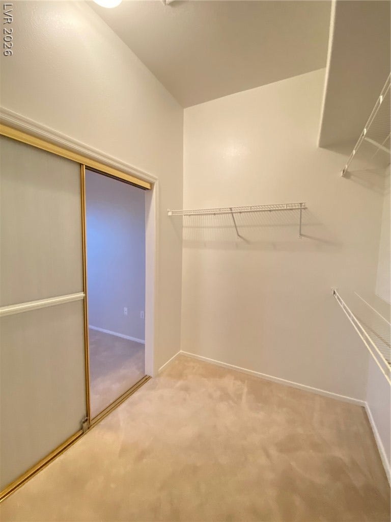 A spacious walk-in closet features built-in wire shelving and neutral carpeting.