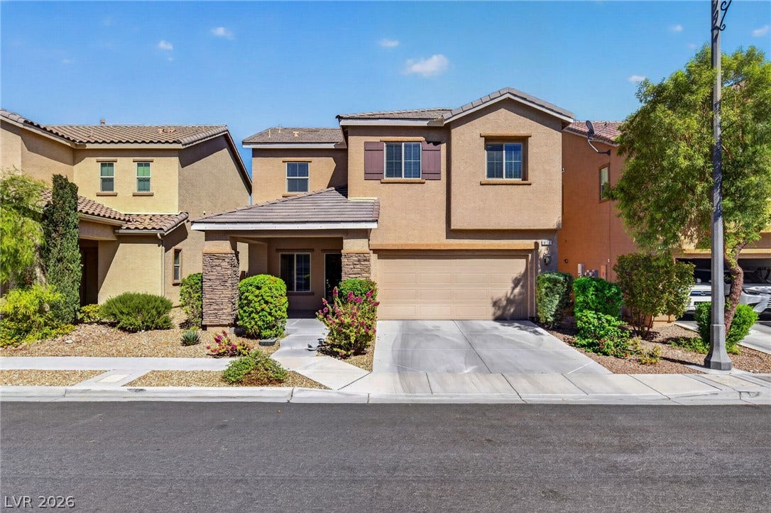 8112 Winterfell Place, Las Vegas, NV 89166 Clean lines and a spacious driveway define this contemporary two-story stucco exterior design.