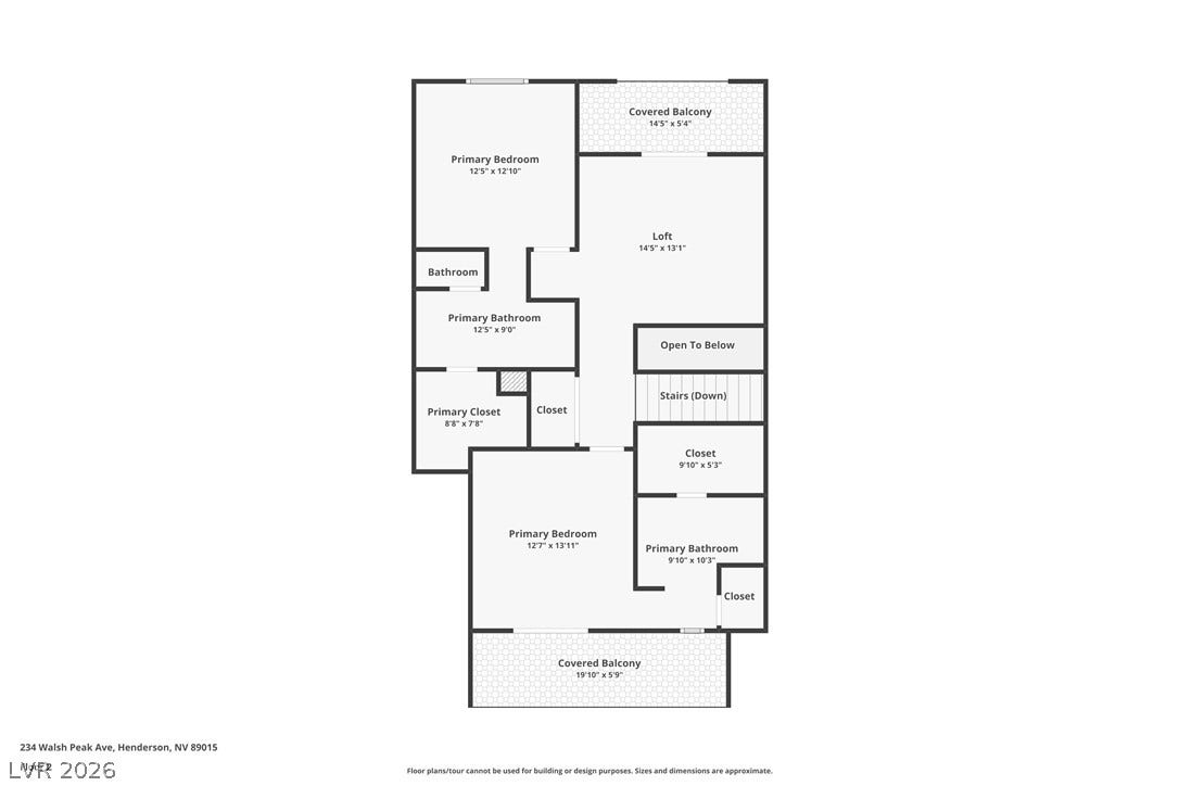 Floor plan highlighting two primary bedrooms, two primary bathrooms, and two covered balconies.
