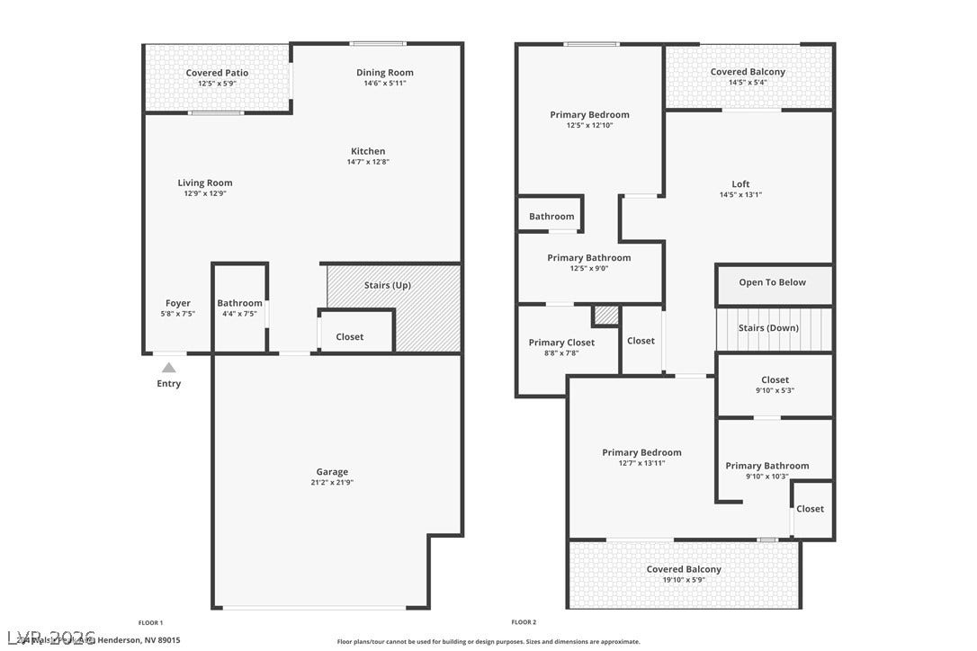 A comprehensive floor plan illustrating the home's layout, featuring a covered patio, living room, and a two-car garage on the first floor.