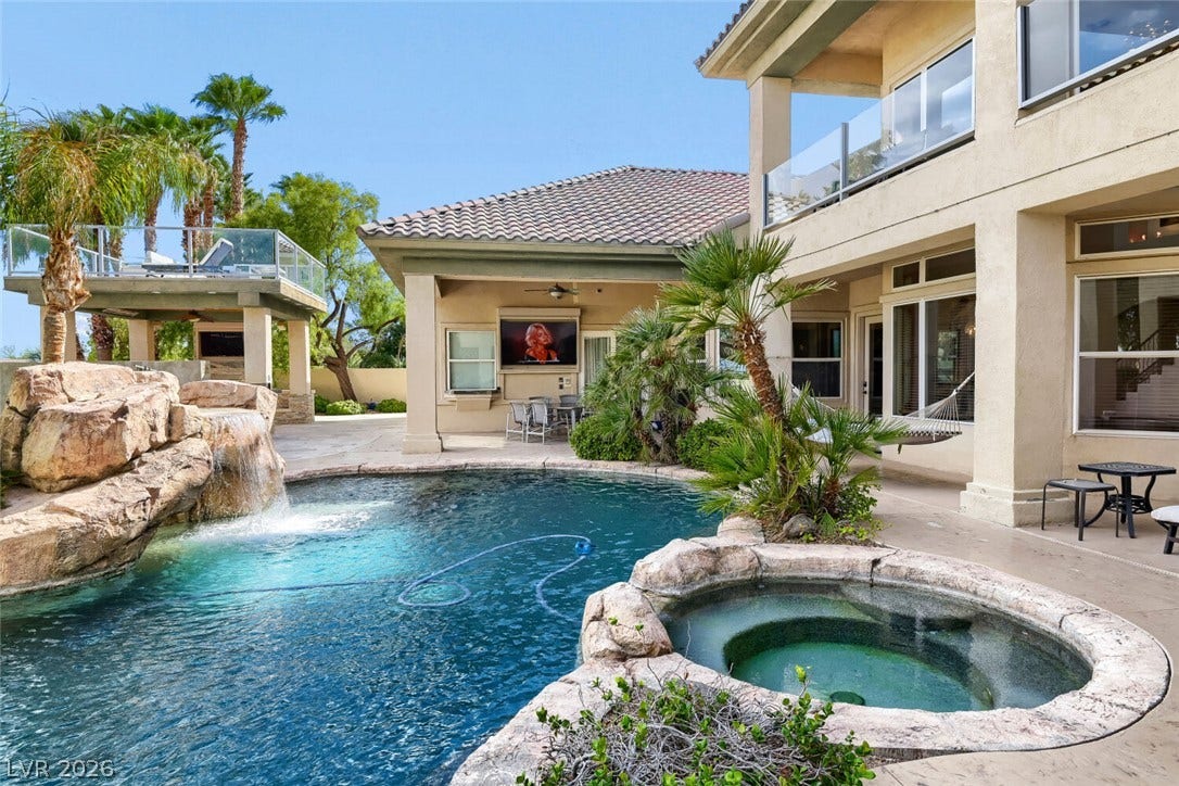2010 Shenley Court, Las Vegas, NV 89117 A sparkling pool with rock waterfalls and a spa anchors this backyard oasis.