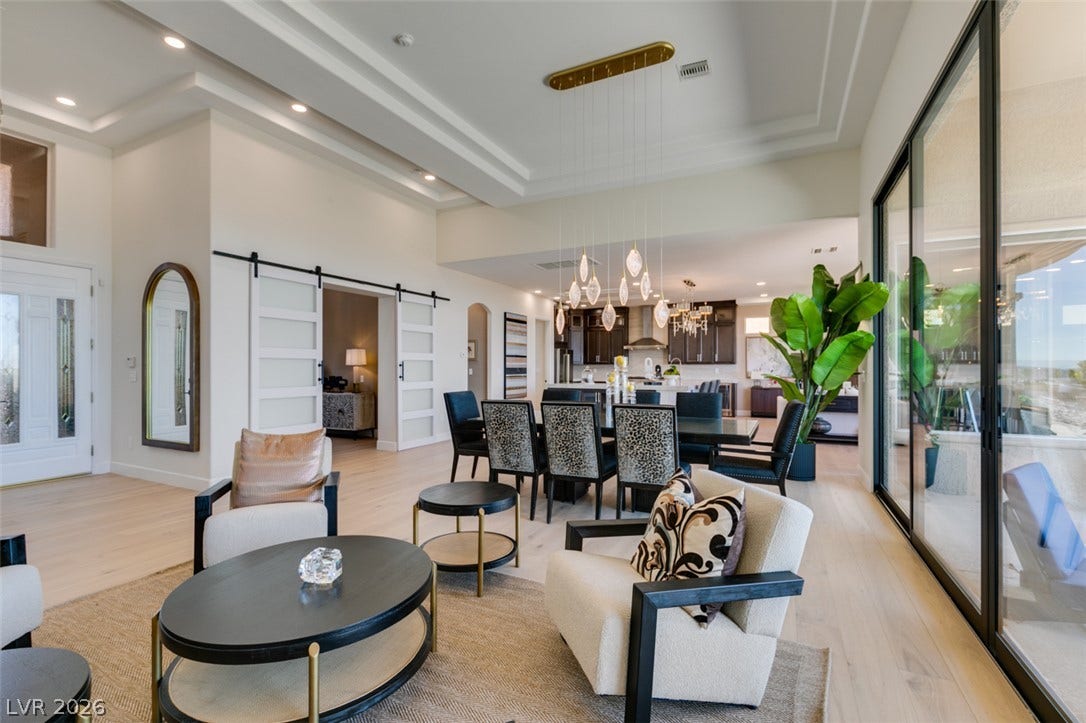 2532 Faiss Drive, Las Vegas, NV 89134 Soaring tray ceilings and sliding glass doors highlight this modern open-concept main living area.