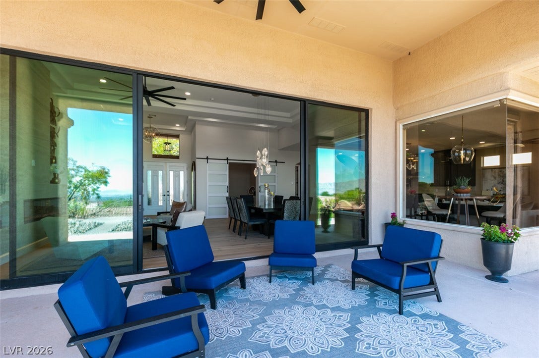 2532 Faiss Drive, Las Vegas, NV 89134 A spacious covered patio transitions seamlessly into the indoor living areas through wide sliding doors.