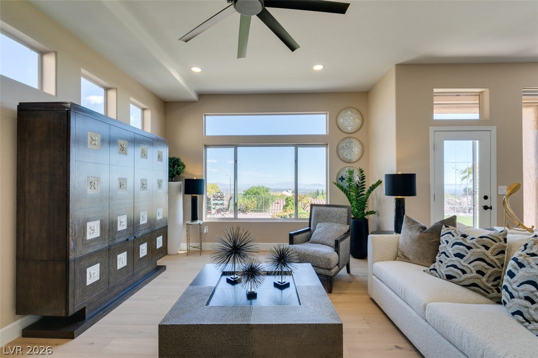 2532 Faiss Drive, Las Vegas, NV 89134 High ceilings and generous windows frame distant views in this inviting living space.