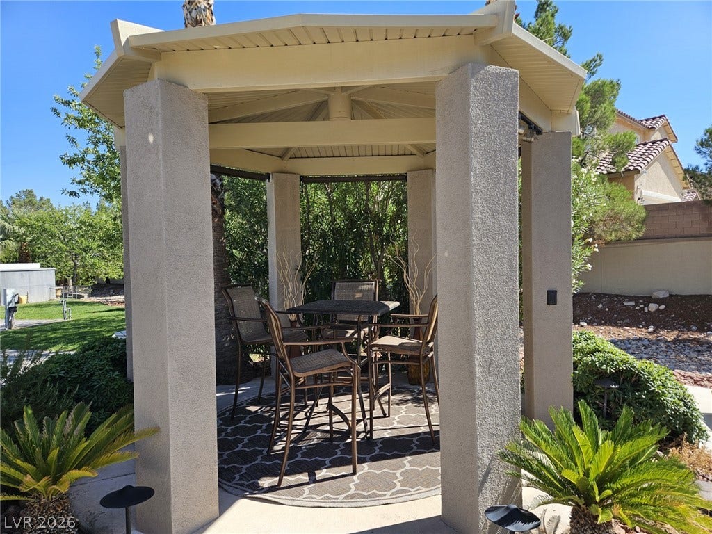 8175 Arville Street, #186, Las Vegas, NV 89139 A sturdy gazebo with thick stucco pillars offers a shaded retreat in the backyard.