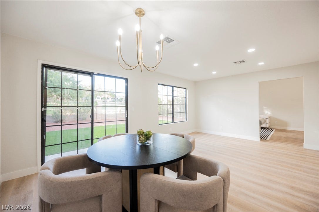4877 Fiesta Lakes Street, Las Vegas, NV 89130 Gleaming wood floors pair with multi-pane windows to frame views of the green lawn.