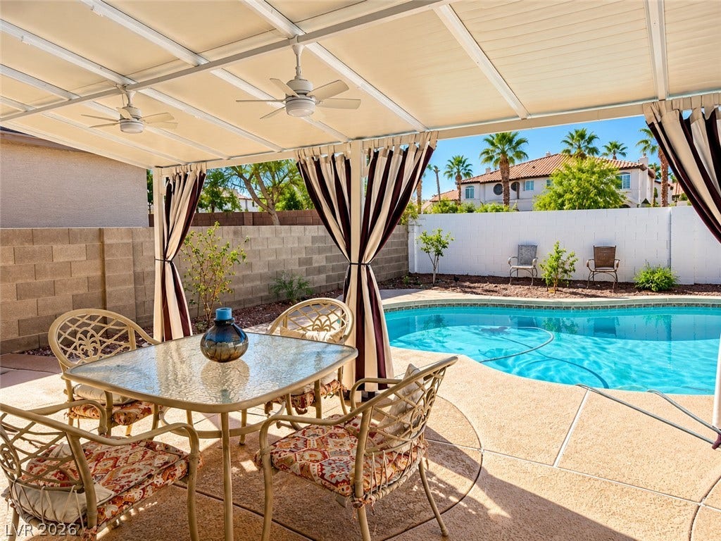 3925 Lilac Haze Street, Las Vegas, NV 89147 An inviting covered patio overlooks the sparkling private pool and a fully walled backyard.