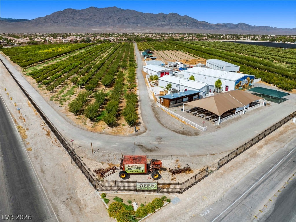 7230 Fresh Harvest Avenue, Las Vegas, NV 89131 Aerial view of Gilcrease Orchards, a Las Vegas landmark and local you-pick season produce farm.