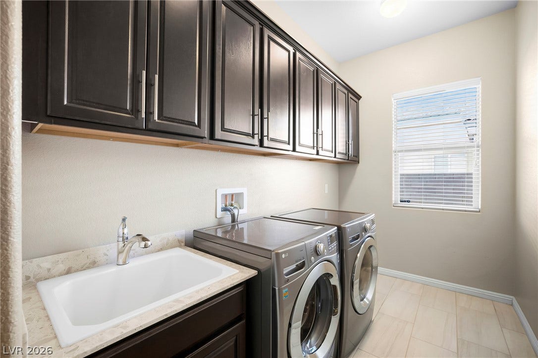 7230 Fresh Harvest Avenue, Las Vegas, NV 89131 As you come in from the garage is the Laundry Room with ample additional cabinets and sink with additional coat/storage closet as you walk-in.