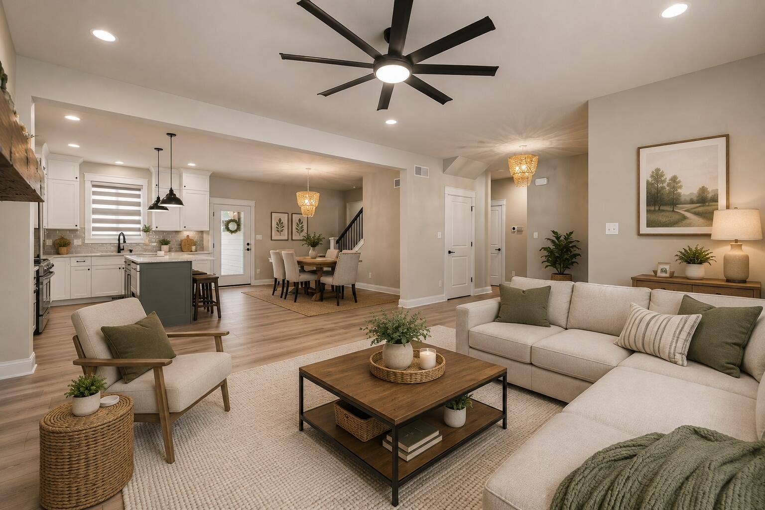 Warm Modern Farmhouse Open-Plan Interior