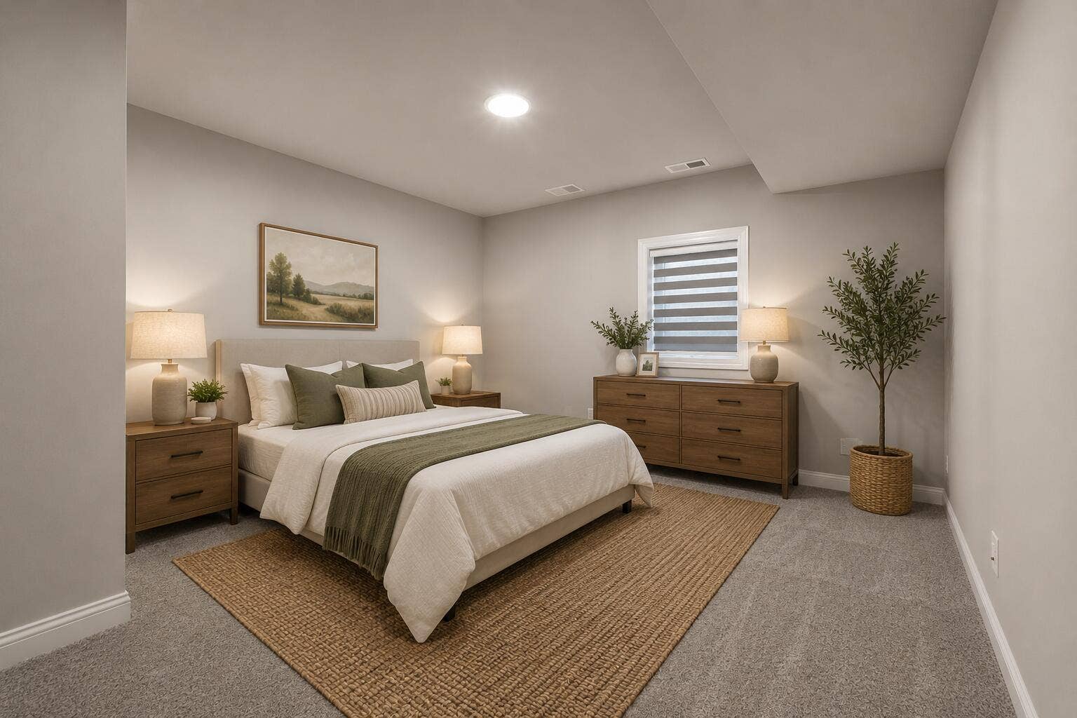 Cozy Neutral Bedroom with Olive Accents