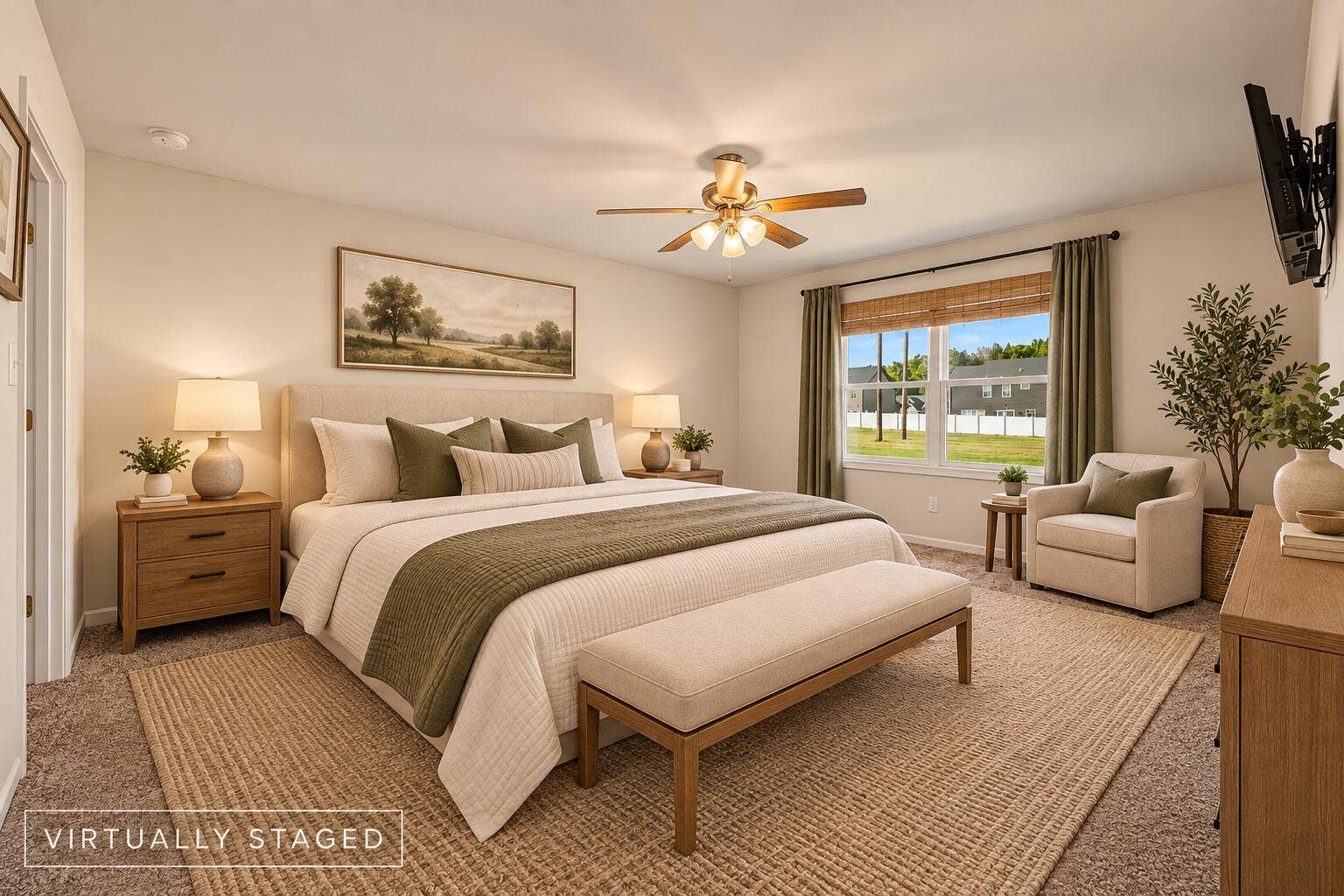 Warmly Staged Neutral Master Bedroom