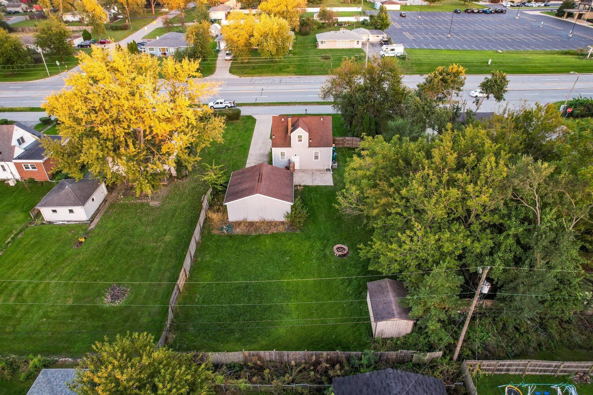 Aerial of backyard, garage and shed