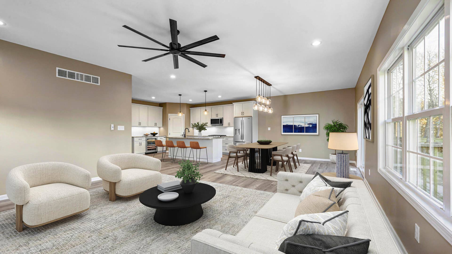 living, dining, kitchen