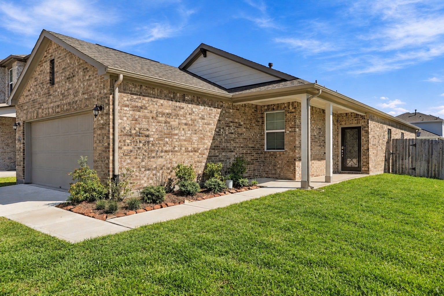 5702 Fresh View Court, Katy, TX 77493 Welcome to this beautifully designed single-story residence, ideally positioned on a desirable corner lot! Offering 4 bedrooms, 2 full bathrooms, & an attached 2-car garage, this inviting home showcases a timeless brick exterior with a charming covered front entry. *Grass has been edited.