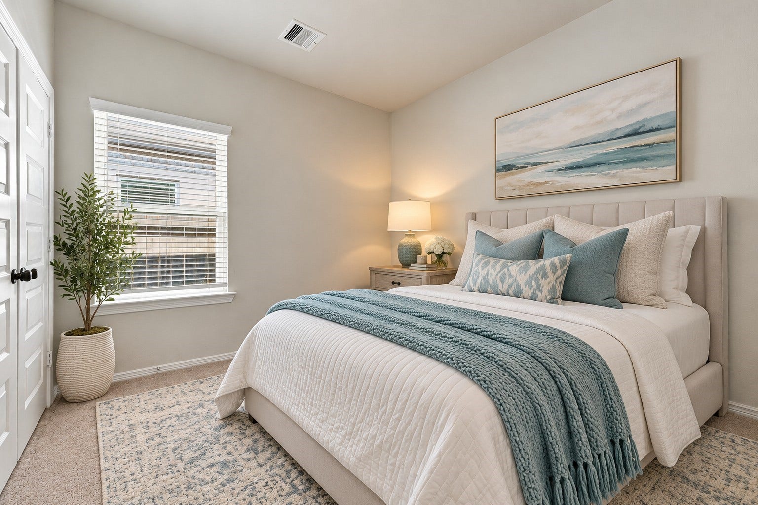 5702 Fresh View Court, Katy, TX 77493 This inviting secondary bedroom offers a lovely combination of comfort & style, featuring plush neutral carpeting, high ceilings, & a window that welcomes natural light. *This photo has been virtually staged.