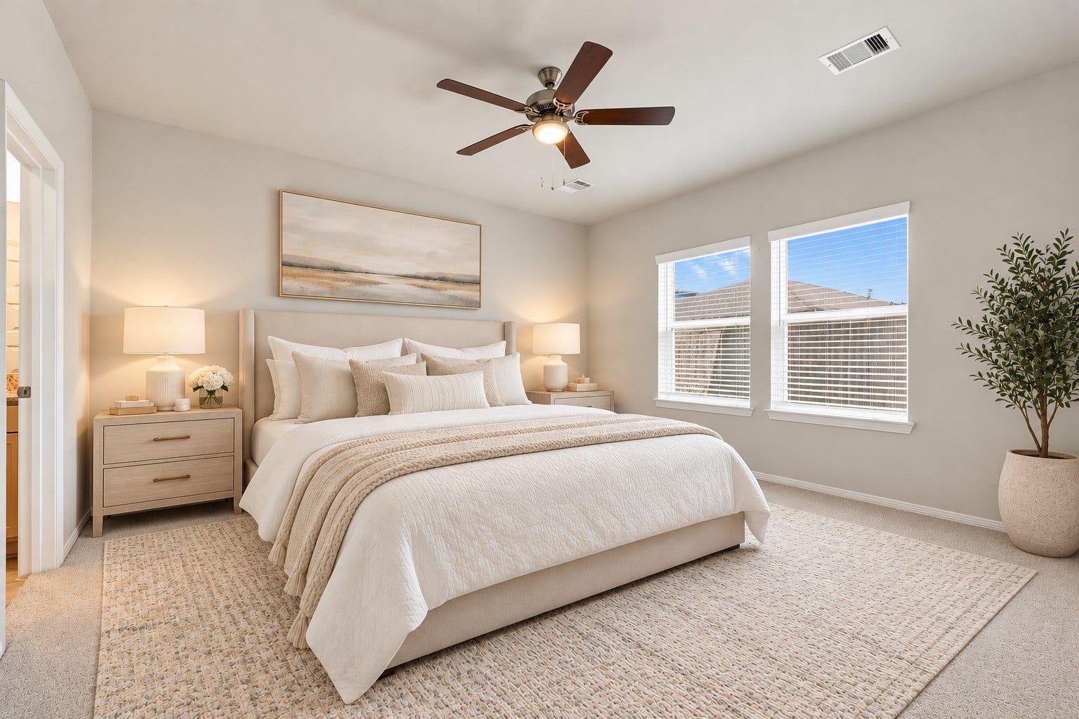 5702 Fresh View Court, Katy, TX 77493 Retreat to the beautifully appointed primary suite, where high ceilings, plush carpeting, & an abundance of natural light create a peaceful escape. *This photo has been virtually staged.