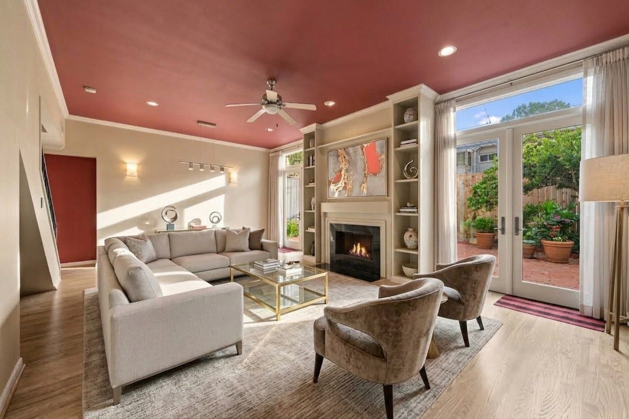 6205 Westcott Street, Houston, TX 77007 Large living room, digitally staged.