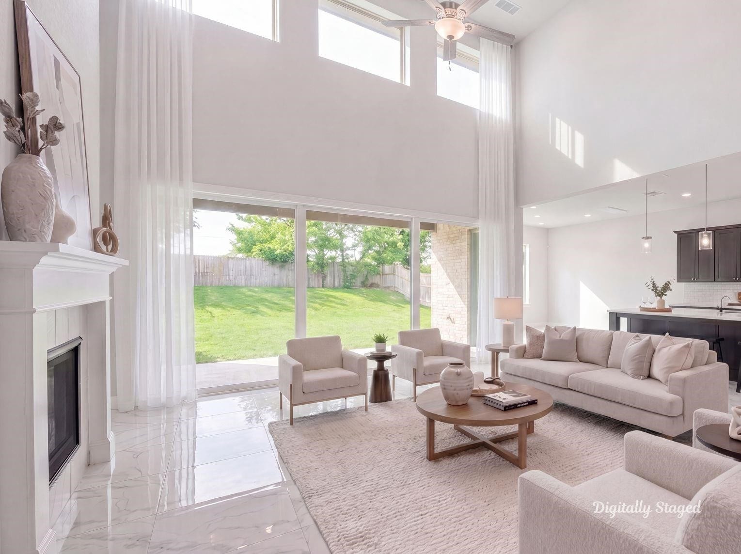 1715 Divino Pass, Conroe, TX 77304 A breathtaking, two-story
living room with soaring ceilings,
polished tile floors, a seamless flow
into the open kitchen, and a wall of
windows featuring sliding glass doors
that open all the way to the
backyard. This photo has been
digitally staged to illustrate the
possibilities of the homes aesthetic
and potential design. Some
furnishings and dcor shown are for
visual inspiration.