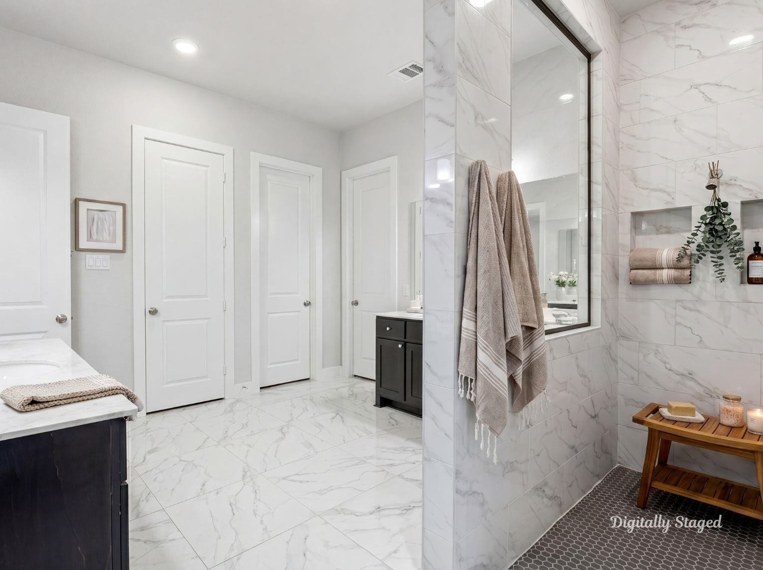 1715 Divino Pass, Conroe, TX 77304 An alternative view of the primary
bathroom highlighting the expansive,
zero-threshold walk-in shower with
beautiful marble-patterned wall tile
and a sleek pebble tile floor. This
photo has been digitally staged to
illustrate the possibilities of the
homes aesthetic and potential
design. Some furnishings and dcor
shown are for visual inspiration.