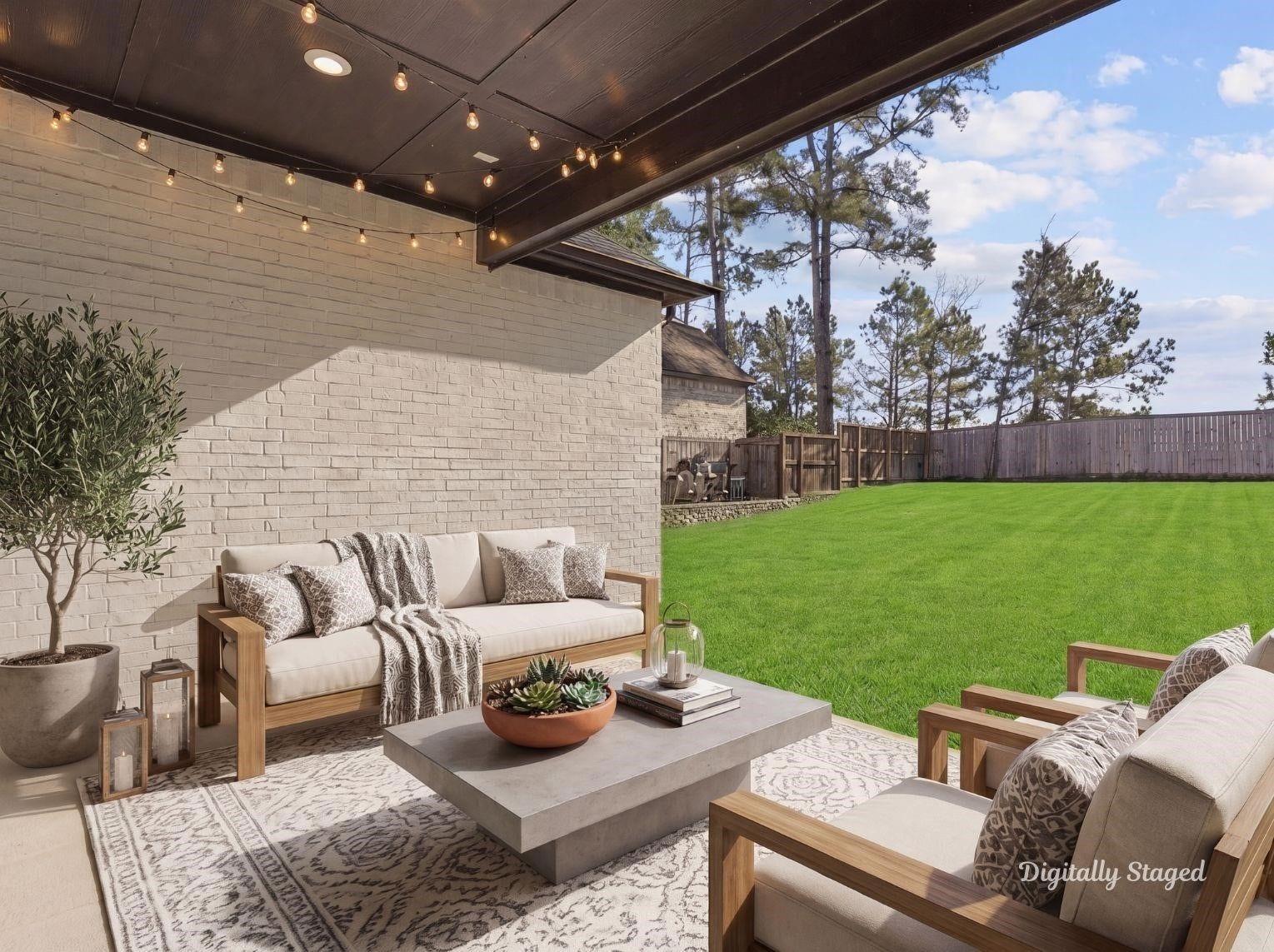 1715 Divino Pass, Conroe, TX 77304 An inviting covered patio looking out
onto an expansive, fully fenced
backyard with lush green grass
perfect for outdoor entertaining and
relaxation. This photo has been
digitally staged to illustrate the
possibilities of the homes aesthetic
and potential design. Some
furnishings and dcor shown are for
visual inspiration.