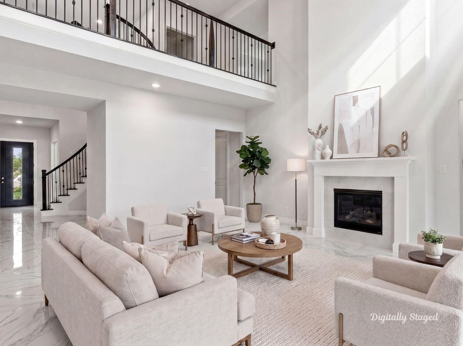1715 Divino Pass, Conroe, TX 77304 A dramatic two-story living room
highlighting soaring ceilings, polished
marble-look flooring, a classic
fireplace with a custom mantel, and
an overlooking upper-level catwalk.
This photo has been digitally staged
to illustrate the possibilities of the
homes aesthetic and potential
design. Some furnishings and dcor
shown are for visual inspiration.