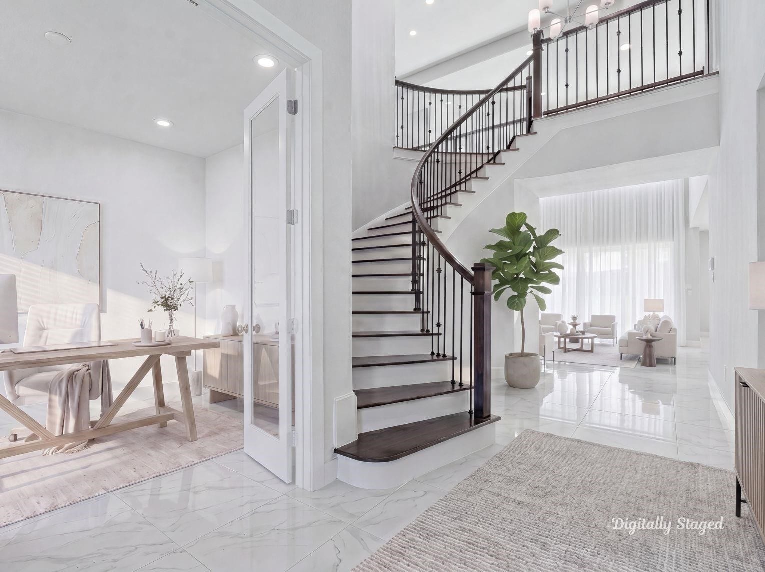 1715 Divino Pass, Conroe, TX 77304 An impressive grand entry
highlighting a sweeping curved
staircase with wrought-iron spindles,
polished flooring, and a private home
office tucked behind French doors.
This photo has been digitally staged
to illustrate the possibilities of the
homes aesthetic and potential
design. Some furnishings and dcor
shown are for visual inspiration.