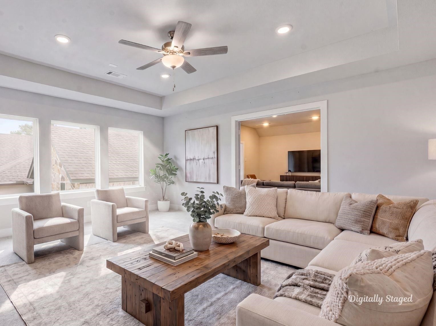 1715 Divino Pass, Conroe, TX 77304 An expansive upstairs game room or
second living area featuring a tray
ceiling, plush carpeting, and direct
access to an adjacent media room.
This photo has been digitally staged
to illustrate the possibilities of the
homes aesthetic and potential
design. Some furnishings and dcor
shown are for visual inspiration.