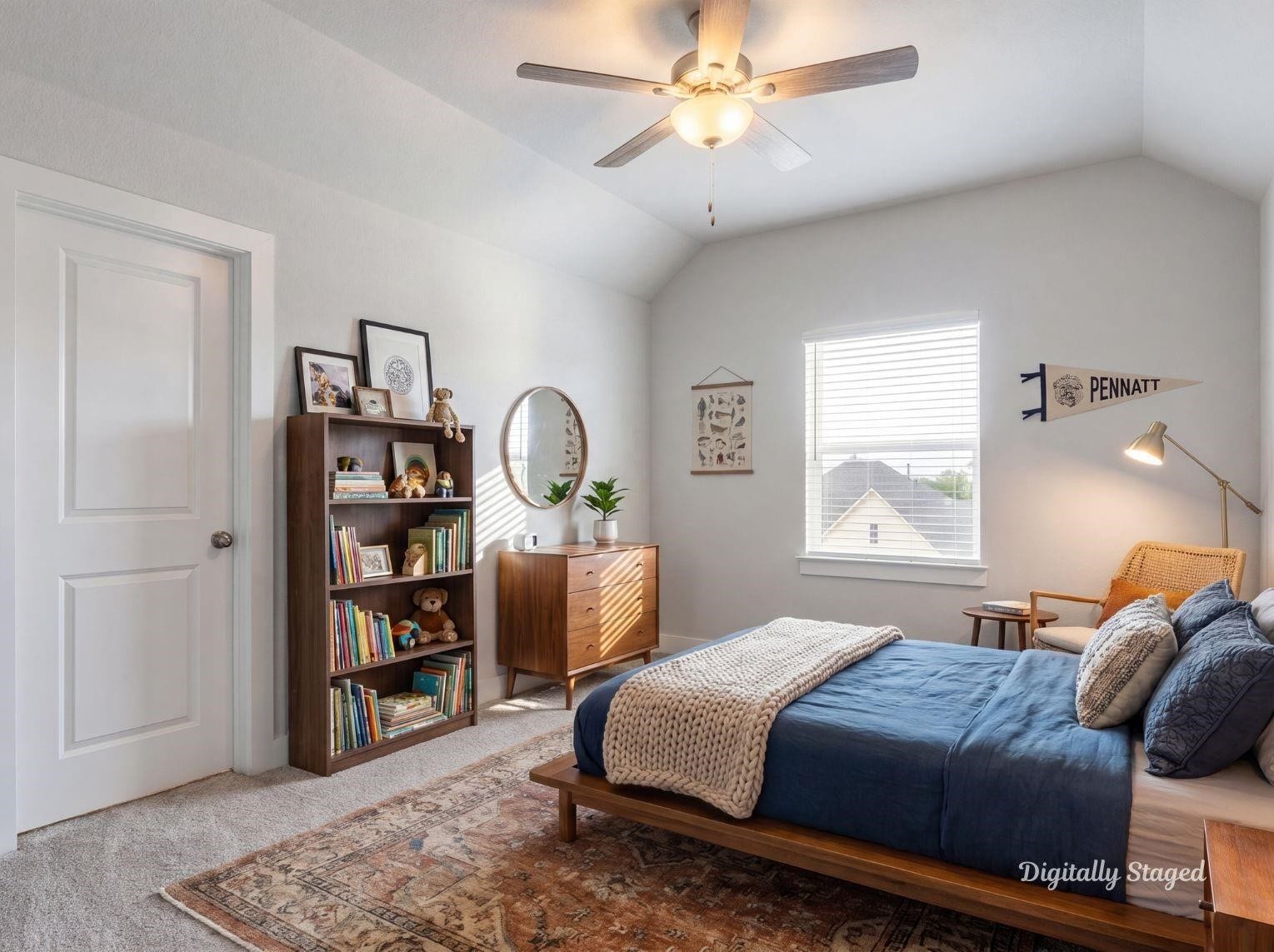1715 Divino Pass, Conroe, TX 77304 A spacious secondary bedroom with
high ceilings, large windows
providing natural light, neutral
carpeting, and a ceiling fan. This
photo has been digitally staged to
illustrate the possibilities of the
homes aesthetic and potential
design. Some furnishings and dcor
shown are for visual inspiration.