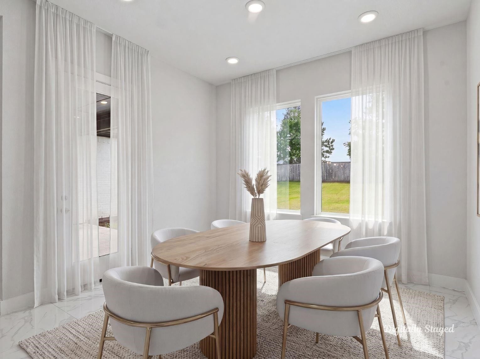 1715 Divino Pass, Conroe, TX 77304 A dedicated formal dining space
surrounded by large windows and
polished tile flooring. This photo has
been digitally staged to illustrate the
possibilities of the homes aesthetic
and potential design. Some
furnishings and dcor shown are for
visual inspiration.