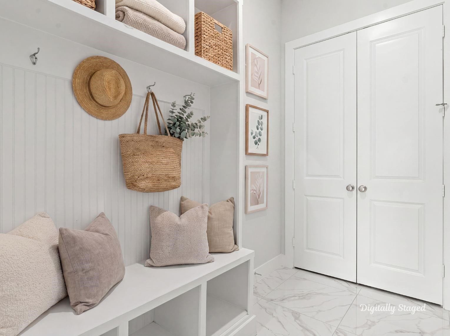 1715 Divino Pass, Conroe, TX 77304 A functional and stylish mudroom
area featuring custom built-in
shelving, a bench with storage
cubbies, and elegant marble-look tile
flooring. This photo has been digitally
staged to illustrate the possibilities of
the homes aesthetic and potential
design. Some furnishings and dcor
shown are for visual inspiration.