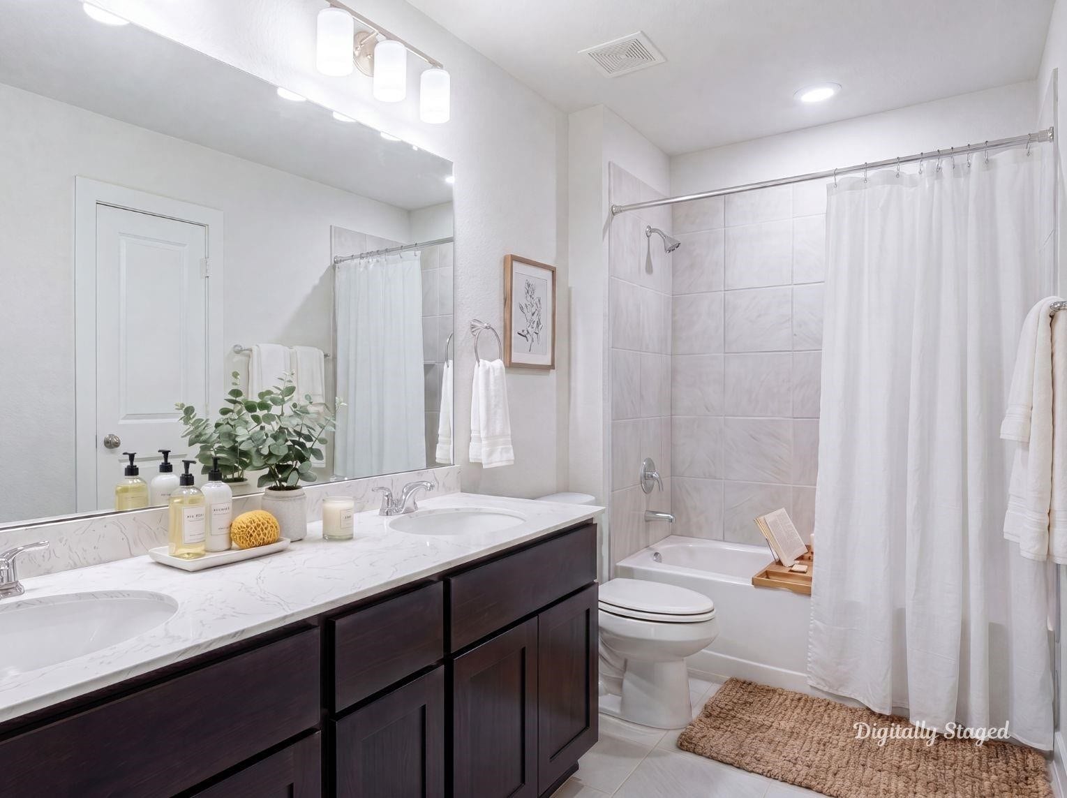 1715 Divino Pass, Conroe, TX 77304 A clean and contemporary secondary
bathroom equipped with a dark wood
vanity, white countertops, and
modern grey wall tile in the shower
tub enclosure. This photo has been
digitally staged to illustrate the
possibilities of the homes aesthetic
and potential design. Some
furnishings and dcor shown are for
visual inspiration.