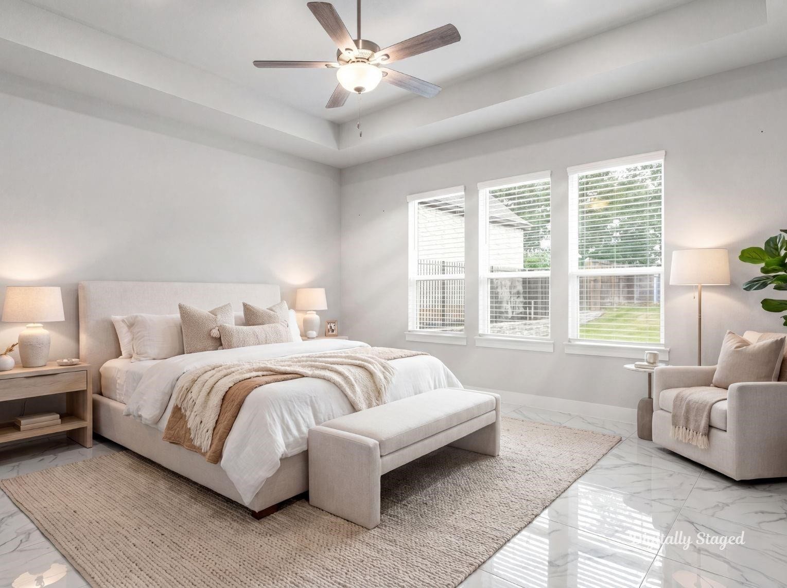 1715 Divino Pass, Conroe, TX 77304 A generous primary suite featuring a
tray ceiling, large windows
overlooking the backyard, polished
tile flooring, and plenty of space for a
sitting area. This photo has been
digitally staged to illustrate the
possibilities of the homes aesthetic
and potential design. Some
furnishings and dcor shown are for
visual inspiration.